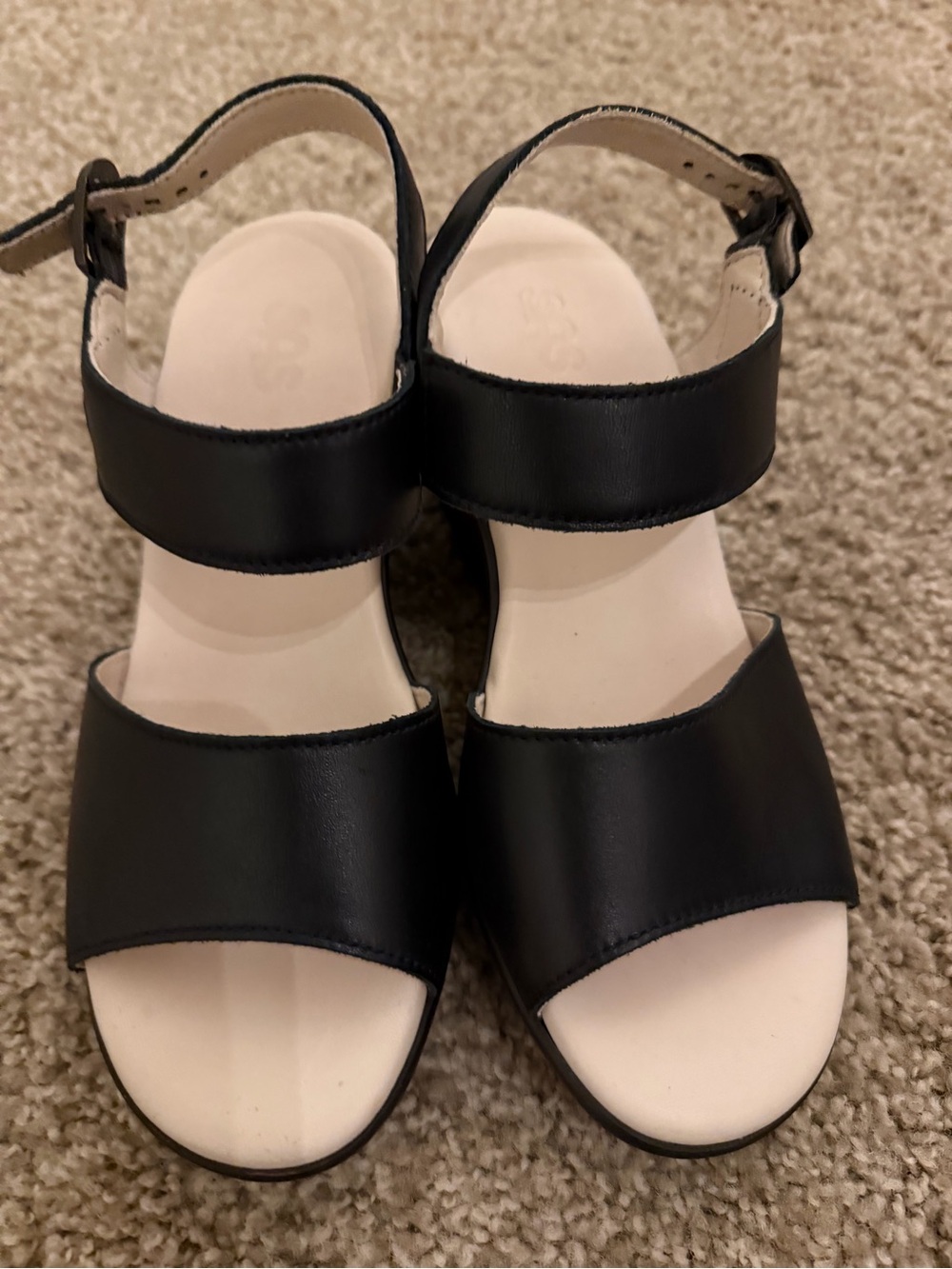 SAS Heather Womens 5.5 W Black Leather Wedge Heel Sandals Wide Comfort